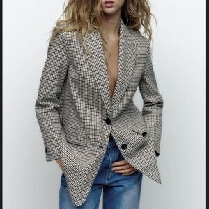 ZARA Plaid Houndstooth Oversized Blazer Jacket Womens Sz M